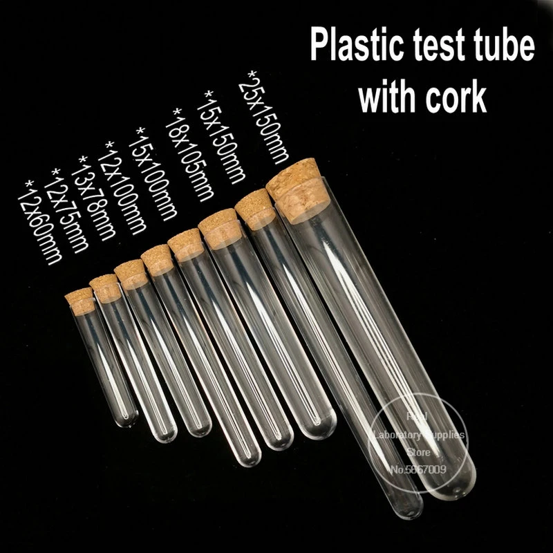 100pcs 15x100mm Lab Clear Plastic Test Tubes with Corks, Wedding Favor Gift Vial Laboratory School Experiment
