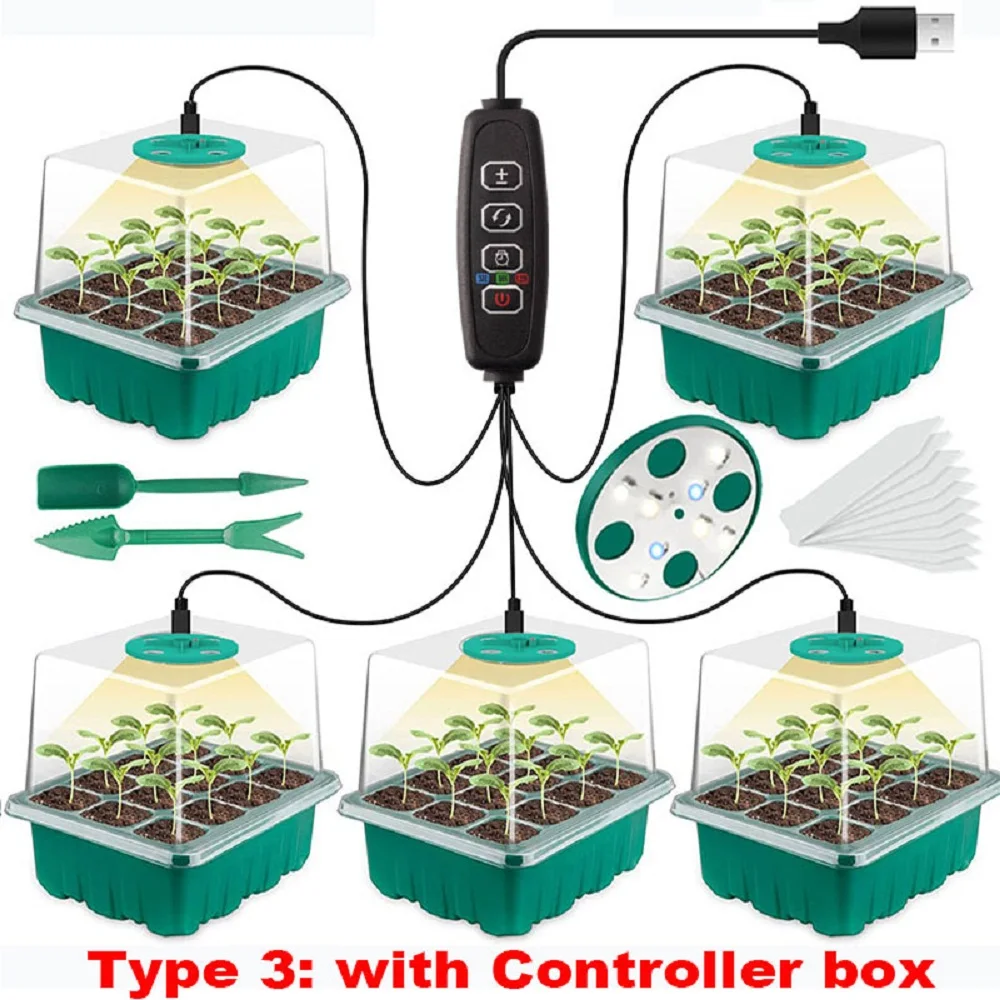 Full Spectrum LED Grow Light with Seedling Tray Plant Seed Starter Trays Home Greenhouse Growing Lamp with Hole 12 Cell Per Tray